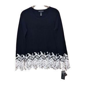 INC International Concepts Top Black White Lace Trim Women S Scoop Neck L/S‎ NWT